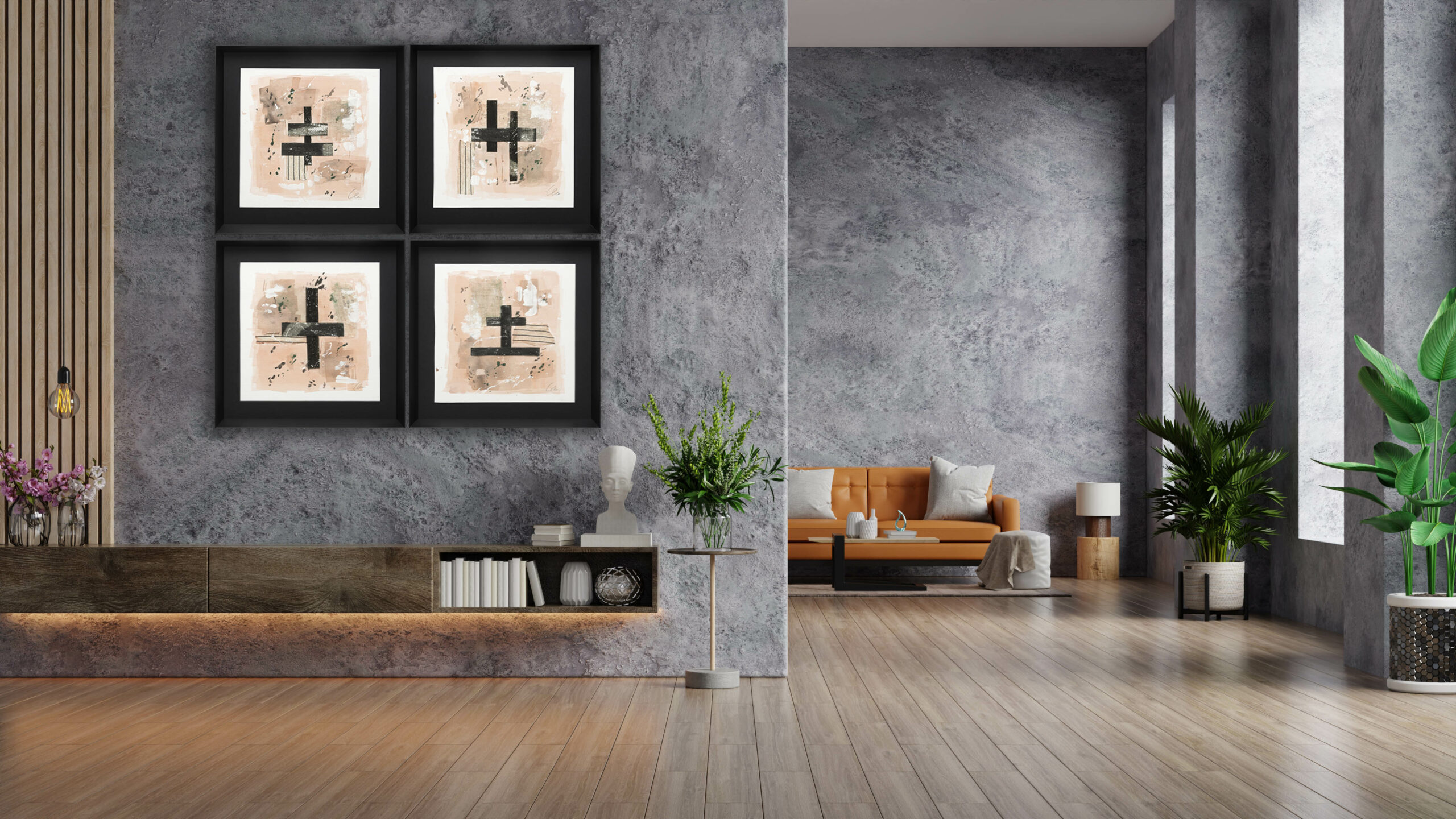 Leather sofa and a wooden table in living room interior with pla