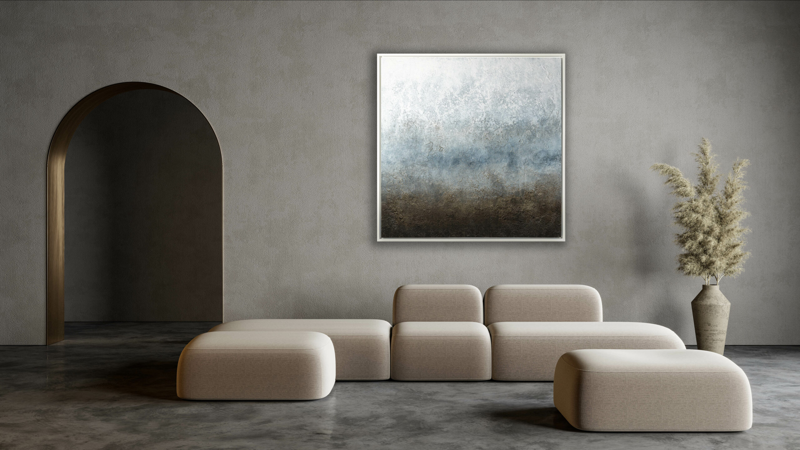 Modern,Minimalist,Interior,With,Arch,,Concrete,Floor,,Sofa,And,Decor.