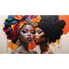 Cuadro Almas en Color con dos retratos femeninos y composición artística en tonos intensos naranja, azul, rojo y negro