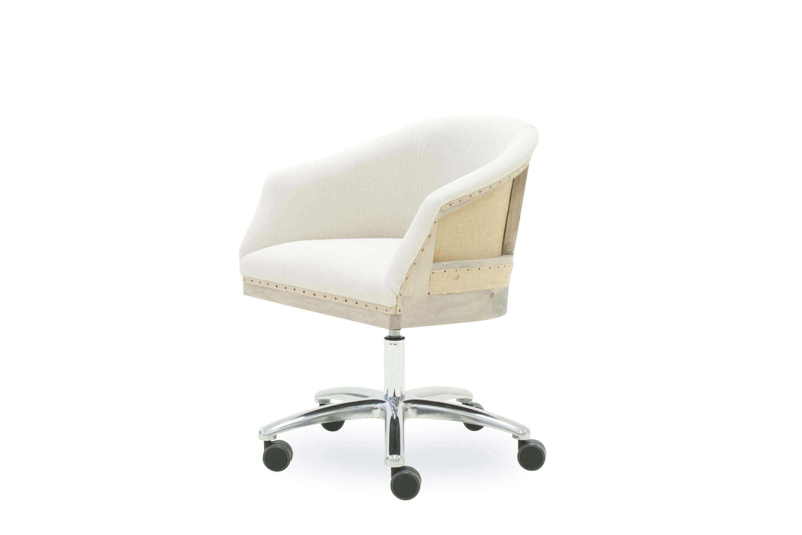 Silla giratoria modelo Girona Swivel. Diseño de estilo transicional, altura regulable y base de 5 radios. Personalizable con materiales de alta gama: yute, piel, tejidos o C.O.M. (Customer's Own Material). Colección Origins, fabricación artesanal para proyectos contract y residenciales