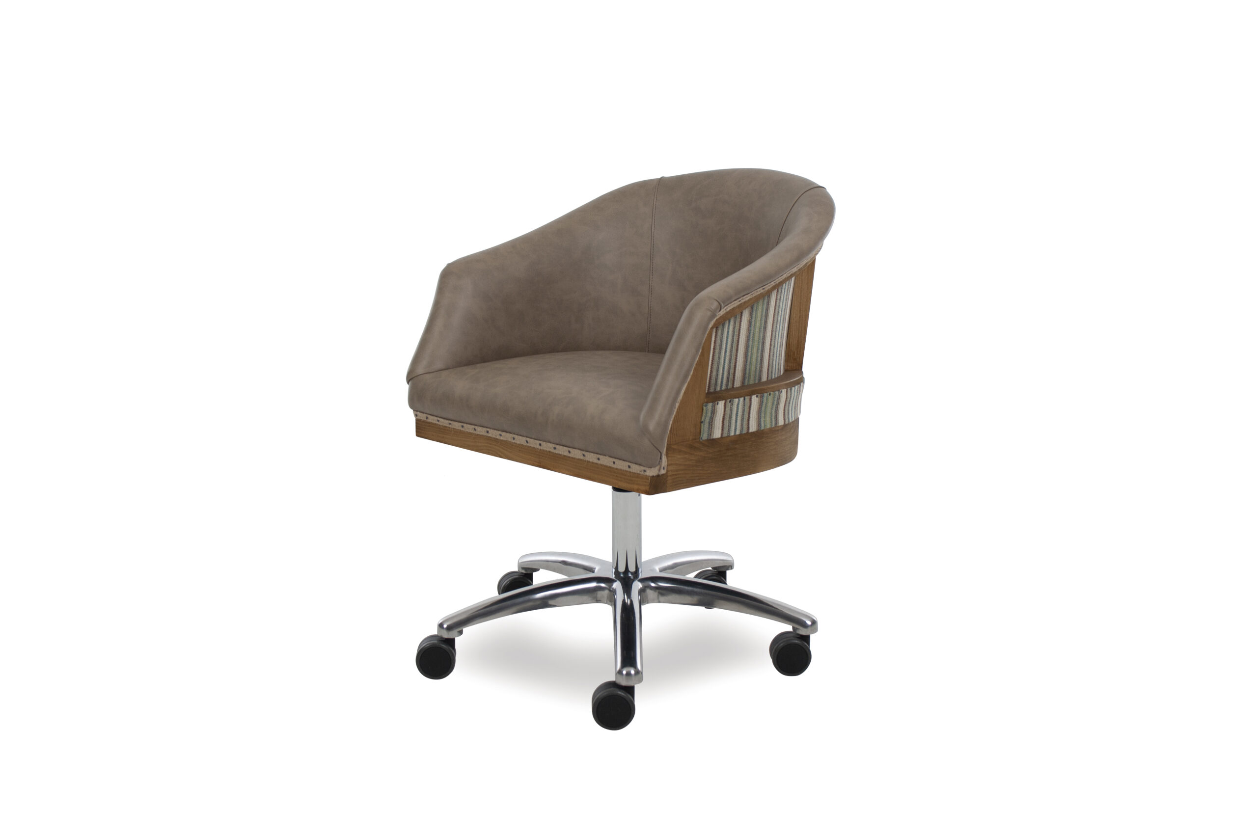 Silla giratoria modelo Girona Swivel. Diseño de estilo transicional, altura regulable y base de 5 radios. Personalizable con materiales de alta gama: yute, piel, tejidos o C.O.M. (Customer's Own Material). Colección Origins, fabricación artesanal para proyectos contract y residenciales