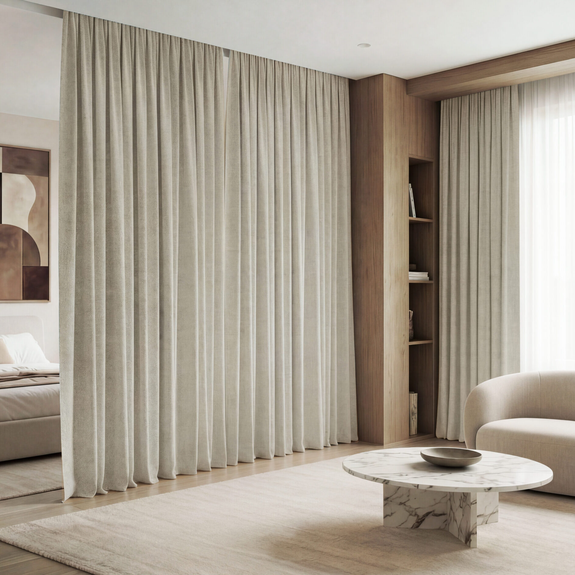 Basicpac FR | Blackout Fabric Tejido blackout Basicpac FR aplicado en cortinas de un dormitorio de hotel.